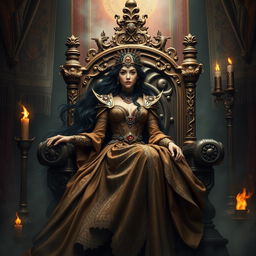 A beautiful and elegant witch queen inspired by the Conan era, seated majestically on a grand throne