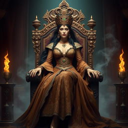 A beautiful and elegant witch queen inspired by the Conan era, seated majestically on a grand throne