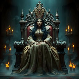 A beautiful and elegant witch queen inspired by the Conan era, seated majestically on a grand throne