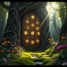 A mystical, living door that appears to be made of ancient wood and vines, with intricate carvings depicting various magical symbols