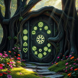 A mystical, living door that appears to be made of ancient wood and vines, with intricate carvings depicting various magical symbols