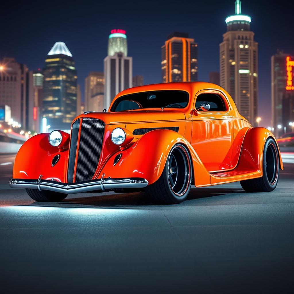 A striking widebody 1936 Chevrolet Coupe, featuring big, tall tires that give it an imposing presence