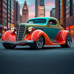 A striking widebody 1936 Chevrolet Coupe, featuring big, tall tires that give it an imposing presence