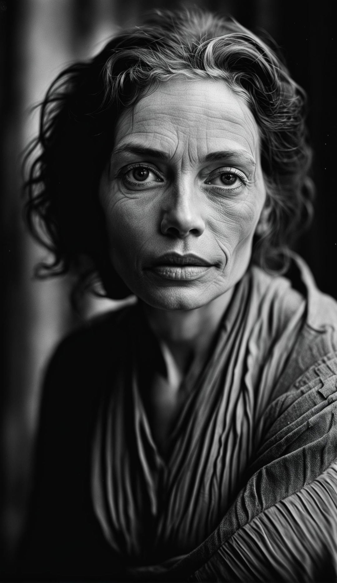 A high-definition black and white candid snapshot by Margaret Cameron featuring a beautiful mother with expressive eyes and simple yet elegant attire against a slightly blurred background.