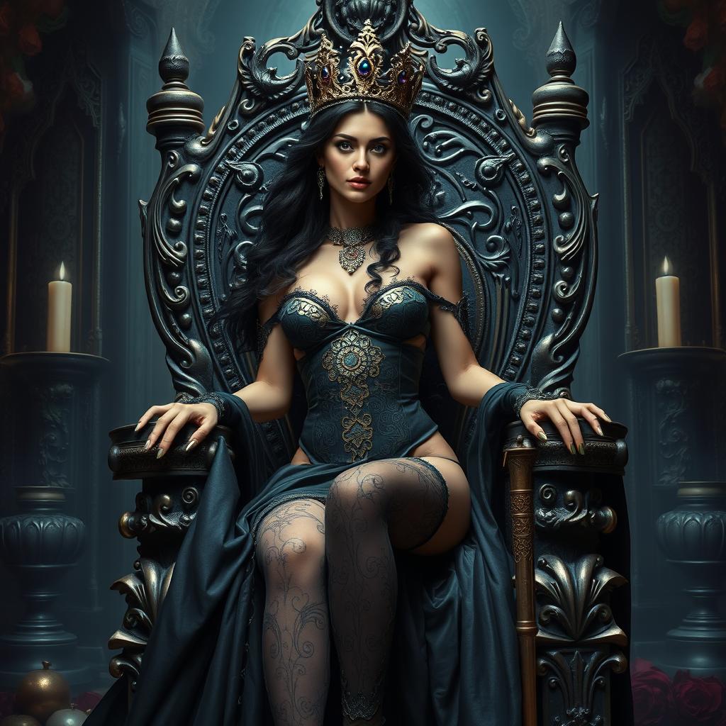 A beautiful and elegant witch queen inspired by the Conan era, seated upon an elaborate throne