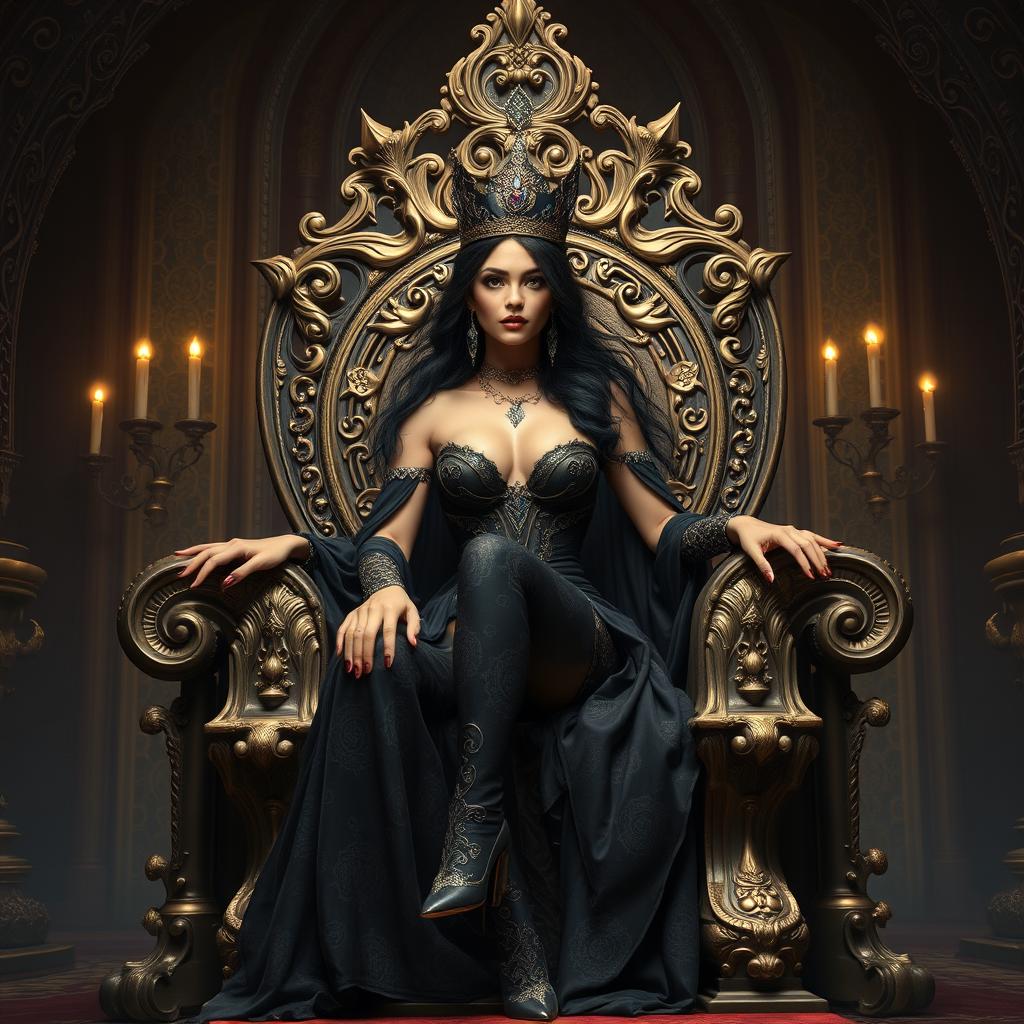 A beautiful and elegant witch queen inspired by the Conan era, seated upon an elaborate throne