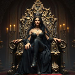 A beautiful and elegant witch queen inspired by the Conan era, seated upon an elaborate throne