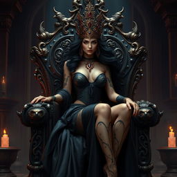 A beautiful and elegant witch queen inspired by the Conan era, seated upon an elaborate throne