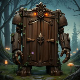 In a fantastical setting, a door golem is depicted as an animated construct made entirely of intricately carved wooden doors fused together