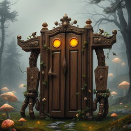 In a fantastical setting, a door golem is depicted as an animated construct made entirely of intricately carved wooden doors fused together