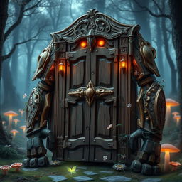 In a fantastical setting, a door golem is depicted as an animated construct made entirely of intricately carved wooden doors fused together