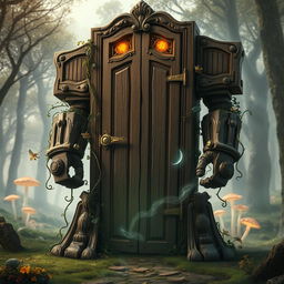 In a fantastical setting, a door golem is depicted as an animated construct made entirely of intricately carved wooden doors fused together