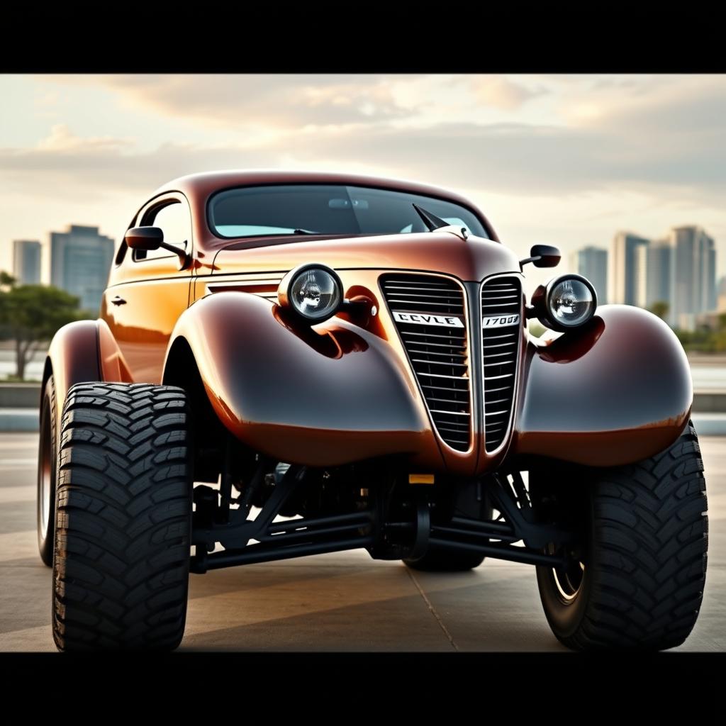 A powerful and sleek widebody 1936 Chevrolet Coupe, featuring big, tall tires that emphasize its robust and muscular appearance