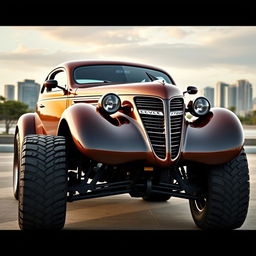 A powerful and sleek widebody 1936 Chevrolet Coupe, featuring big, tall tires that emphasize its robust and muscular appearance