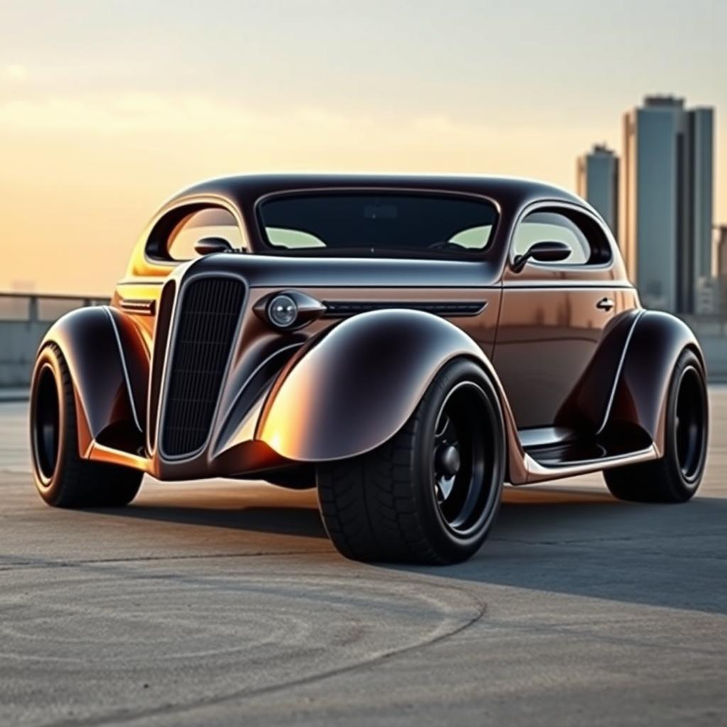 A powerful and sleek widebody 1936 Chevrolet Coupe, featuring big, tall tires that emphasize its robust and muscular appearance