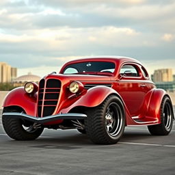 A powerful and sleek widebody 1936 Chevrolet Coupe, featuring big, tall tires that emphasize its robust and muscular appearance