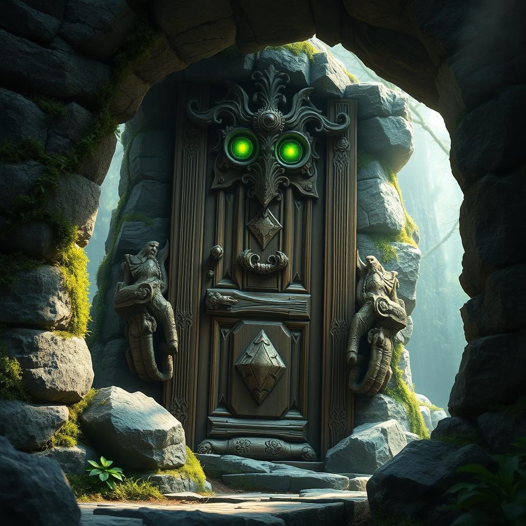 In a magical environment, a wooden door golem is depicted standing majestically within a rugged stone frame