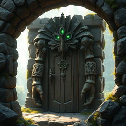 In a magical environment, a wooden door golem is depicted standing majestically within a rugged stone frame