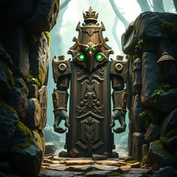 In a magical environment, a wooden door golem is depicted standing majestically within a rugged stone frame