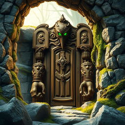 In a magical environment, a wooden door golem is depicted standing majestically within a rugged stone frame