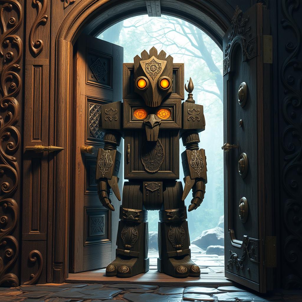 In a mystical scene, a wooden door golem stands confidently within a richly detailed door frame