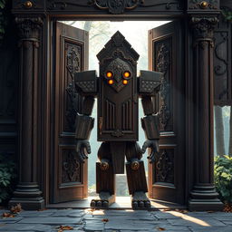 In a mystical scene, a wooden door golem stands confidently within a richly detailed door frame