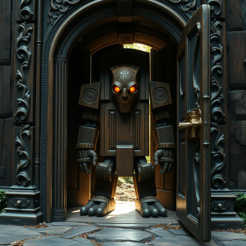 In a mystical scene, a wooden door golem stands confidently within a richly detailed door frame