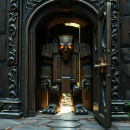 In a mystical scene, a wooden door golem stands confidently within a richly detailed door frame