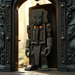 In a mystical scene, a wooden door golem stands confidently within a richly detailed door frame