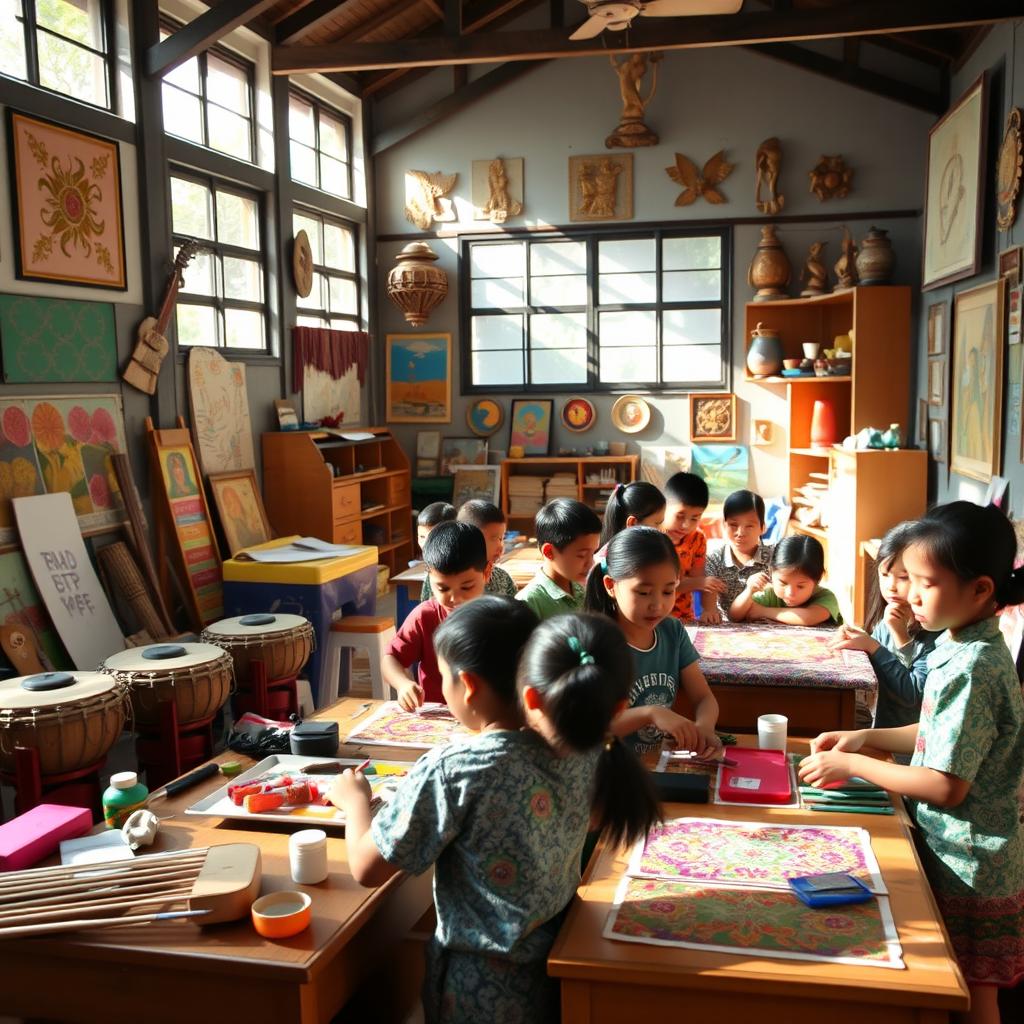 A vibrant and engaging educational scene set in a traditional Indonesian art and culture classroom