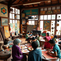 A vibrant and engaging educational scene set in a traditional Indonesian art and culture classroom