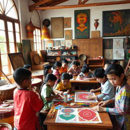 A vibrant and engaging educational scene set in a traditional Indonesian art and culture classroom