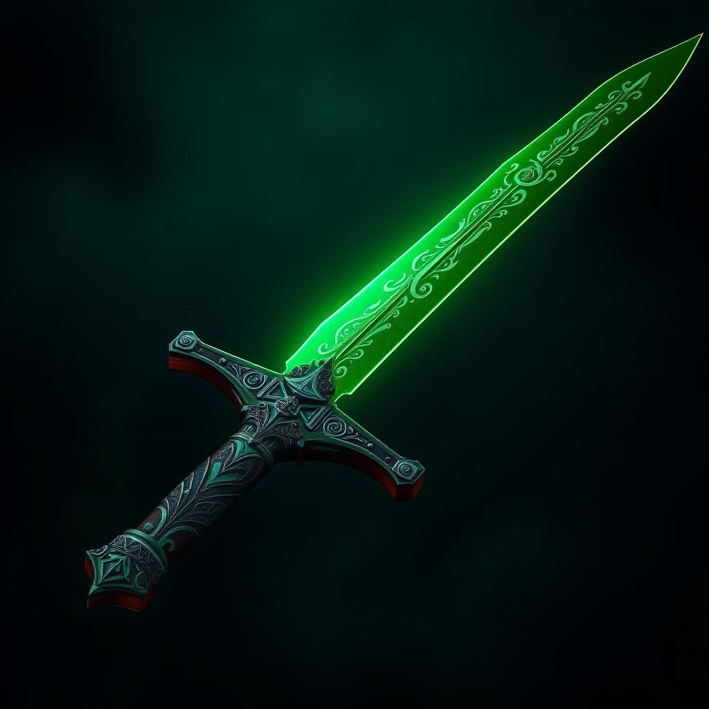 A striking green sword with intricate designs etched along the blade, glowing softly with a mystical energy