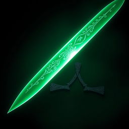 A striking green sword with intricate designs etched along the blade, glowing softly with a mystical energy