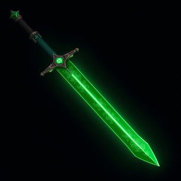 A striking green sword with intricate designs etched along the blade, glowing softly with a mystical energy