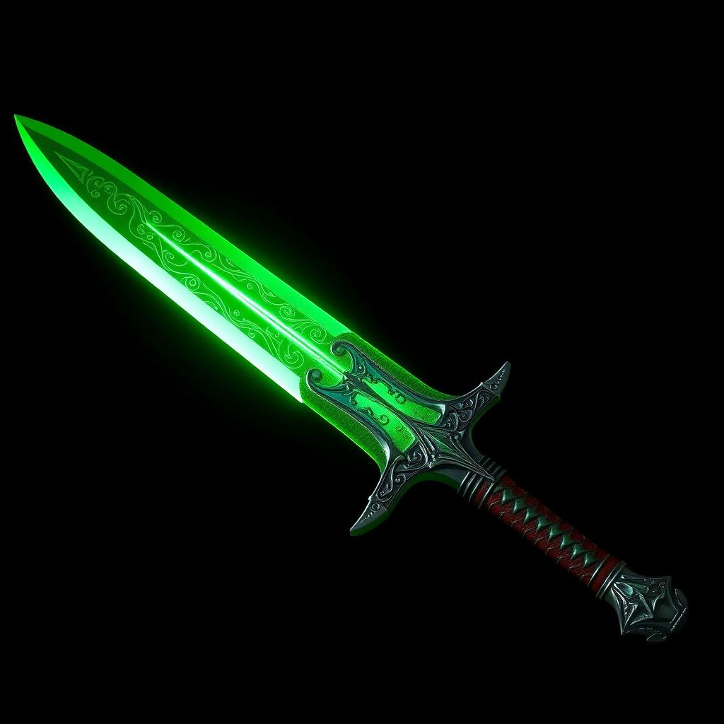 A striking green sword with intricate designs etched along the blade, glowing softly with a mystical energy