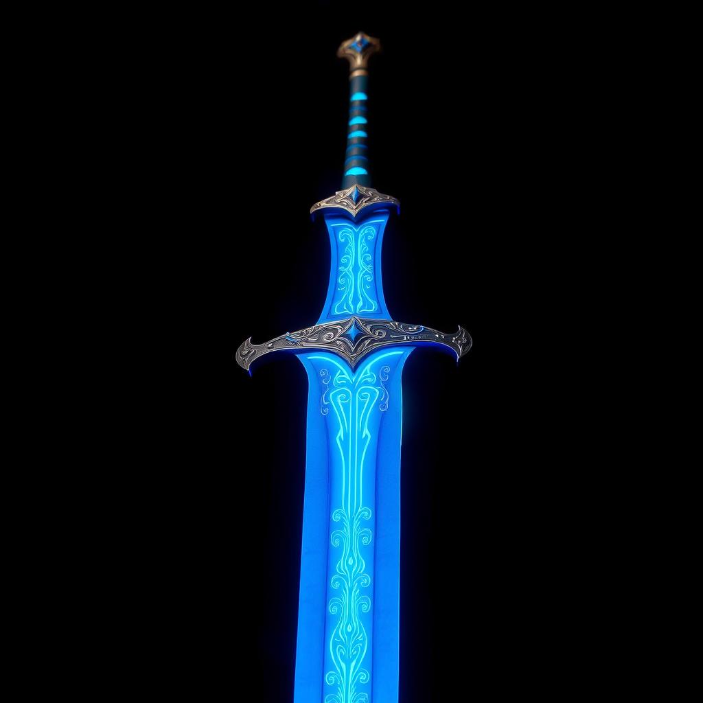 A striking blue sword with intricate designs etched along the blade, glowing softly with a mystical energy