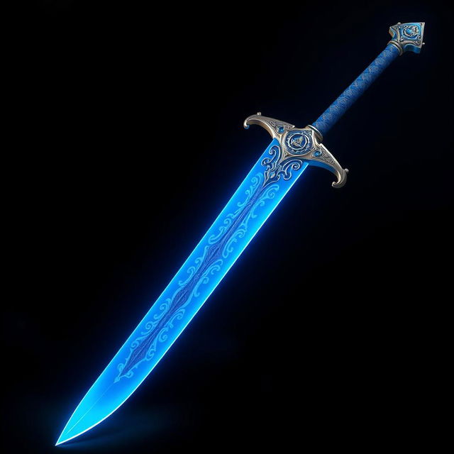 A striking blue sword with intricate designs etched along the blade, glowing softly with a mystical energy