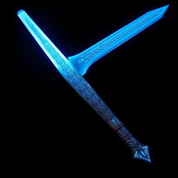 A striking blue sword with intricate designs etched along the blade, glowing softly with a mystical energy