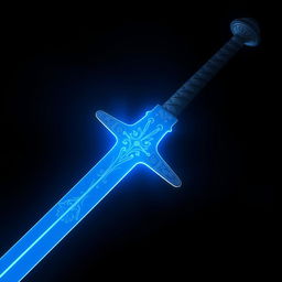 A striking blue sword with intricate designs etched along the blade, glowing softly with a mystical energy