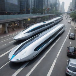 The most commonly used mode of transportation in the year 2122, emphasizing futuristic design, singular traffic patterns, and innovative technology