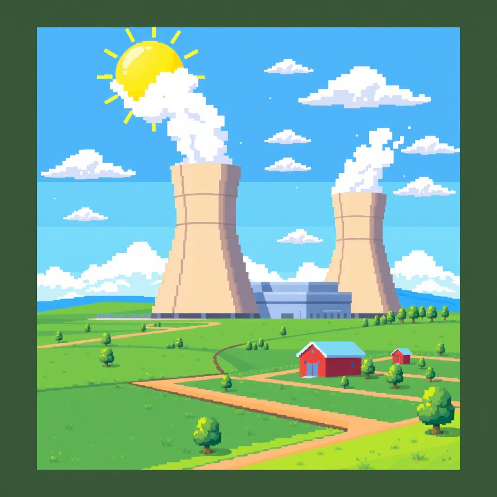 A vibrant pixel art representation of a nuclear power plant, showcasing the cooling towers emitting steam, surrounded by green fields and blue skies