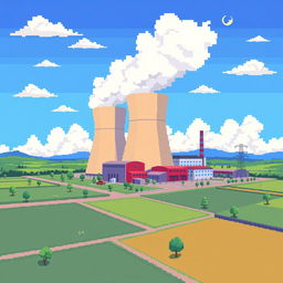 A vibrant pixel art representation of a nuclear power plant, showcasing the cooling towers emitting steam, surrounded by green fields and blue skies