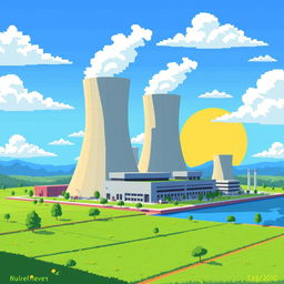 A vibrant pixel art representation of a nuclear power plant, showcasing the cooling towers emitting steam, surrounded by green fields and blue skies