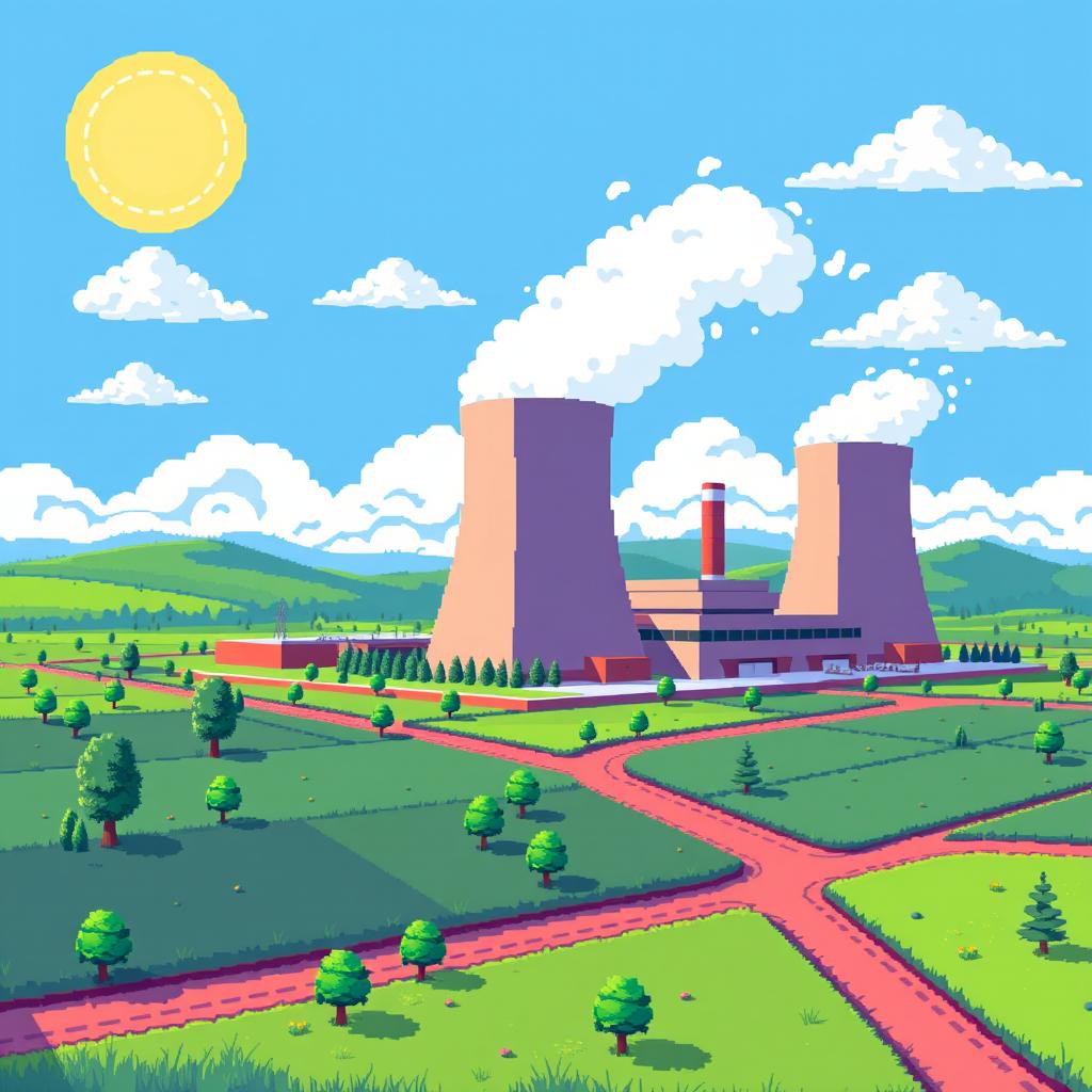 A vibrant pixel art representation of a nuclear power plant, showcasing the cooling towers emitting steam, surrounded by green fields and blue skies