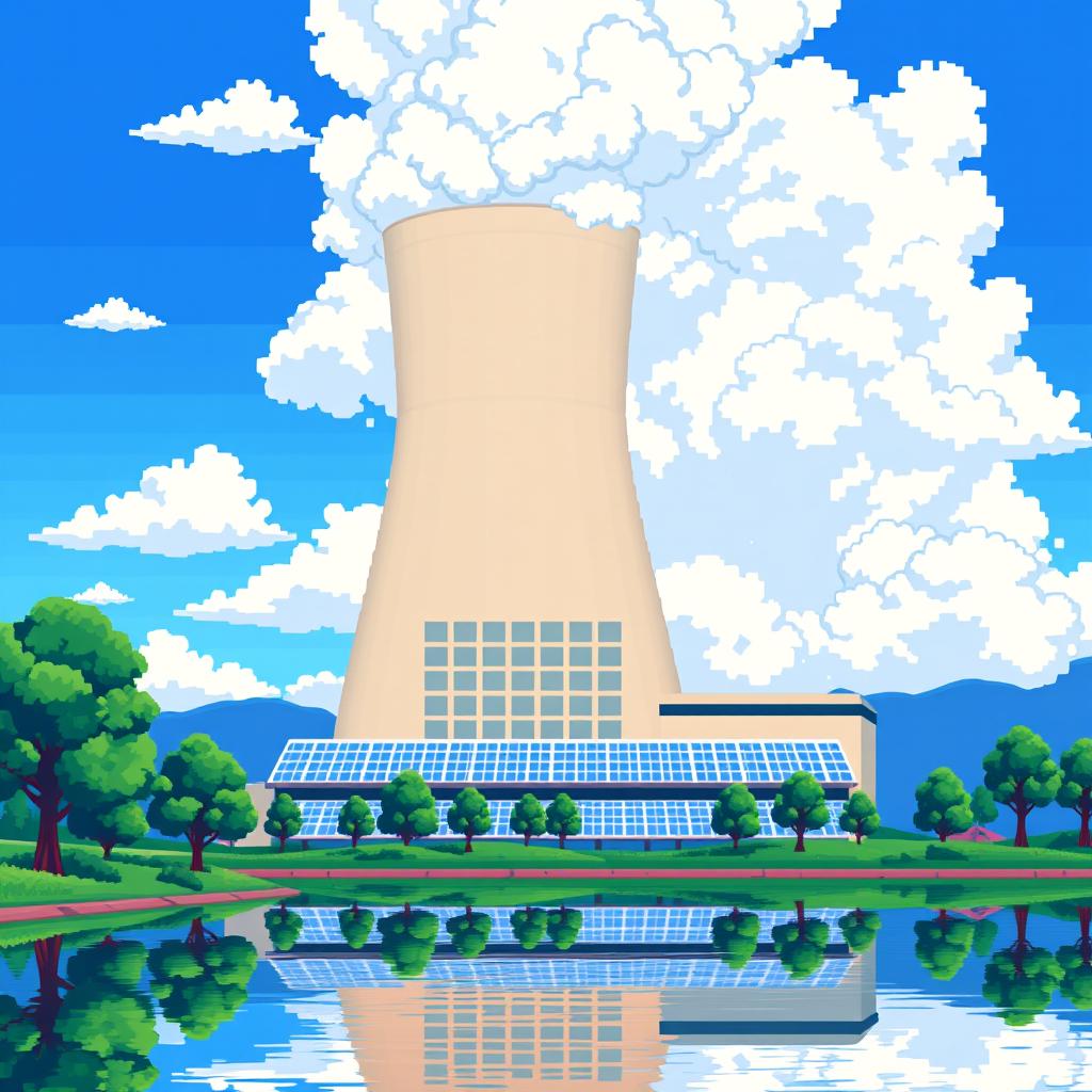 A vibrant pixel art representation of a nuclear power plant, featuring a tall cooling tower releasing steam, surrounded by a bright blue sky and fluffy white clouds