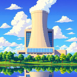 A vibrant pixel art representation of a nuclear power plant, featuring a tall cooling tower releasing steam, surrounded by a bright blue sky and fluffy white clouds