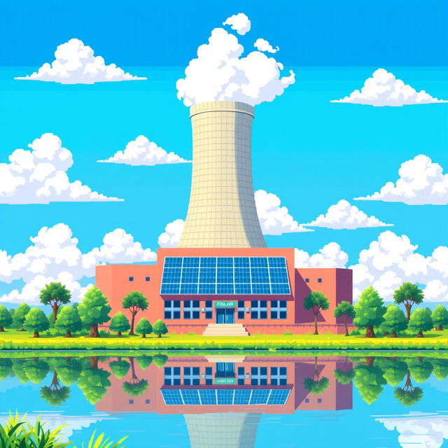 A vibrant pixel art representation of a nuclear power plant, featuring a tall cooling tower releasing steam, surrounded by a bright blue sky and fluffy white clouds