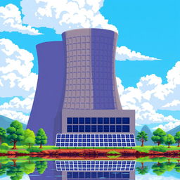 A vibrant pixel art representation of a nuclear power plant, featuring a tall cooling tower releasing steam, surrounded by a bright blue sky and fluffy white clouds