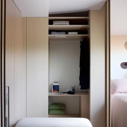 A well-organized 12x12 bedroom featuring a spacious wardrobe, a compact study table, and an aesthetic showcase.